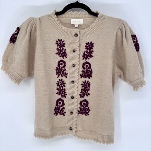 Entro Puff Sleeve Embroidered Cardigan Small Beige Maroon Floral